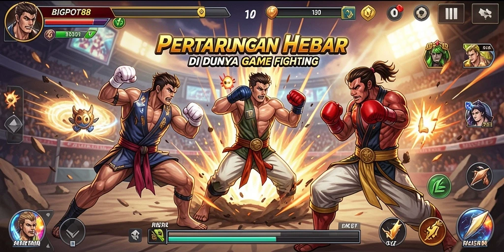 Tangkapan layar BIGPOT88 menampilkan pertarungan seru antara dua karakter.