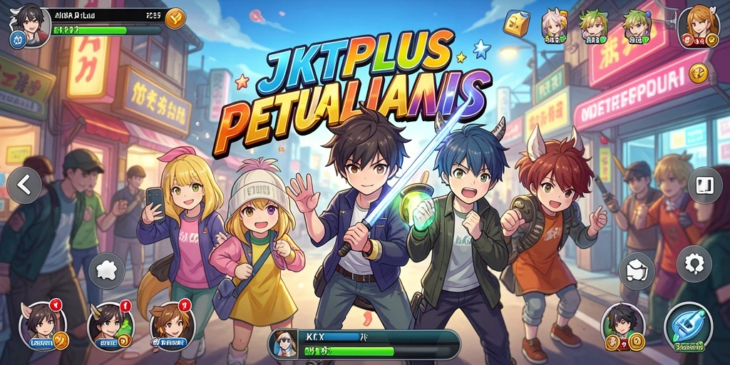 Tangkapan layar utama <strong>JKTPLUS</strong> menampilkan aksi seru dengan karakter anime yang ikonik.