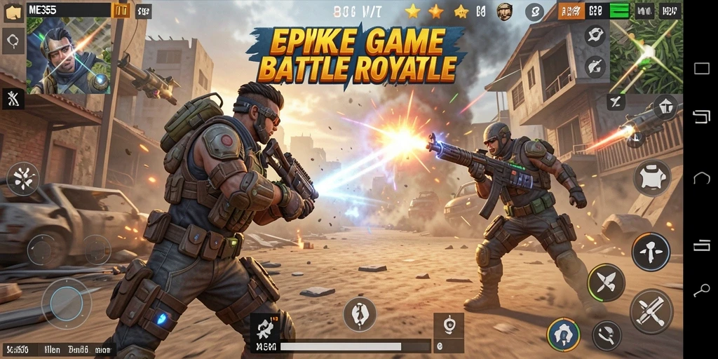 Tampilan screenshot ME355 menunjukkan pertempuran intens dalam game Battle Royale.