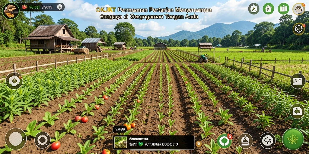 Tangkapan layar gameplay <strong>OKJKT</strong> yang menunjukkan pengelolaan ladang pertanian.
