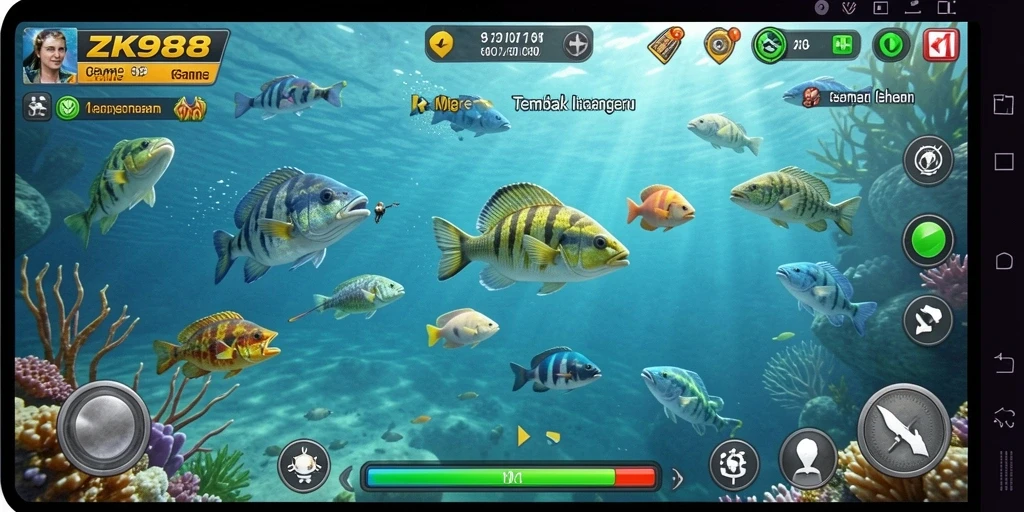 Screenshot utama ZK988 menampilkan aksi seru memancing ikan.